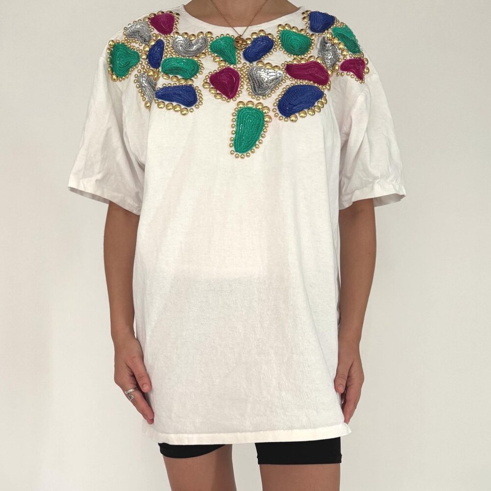 80s vintage white rainbow embellished sequins retro costume party cotton tshirt